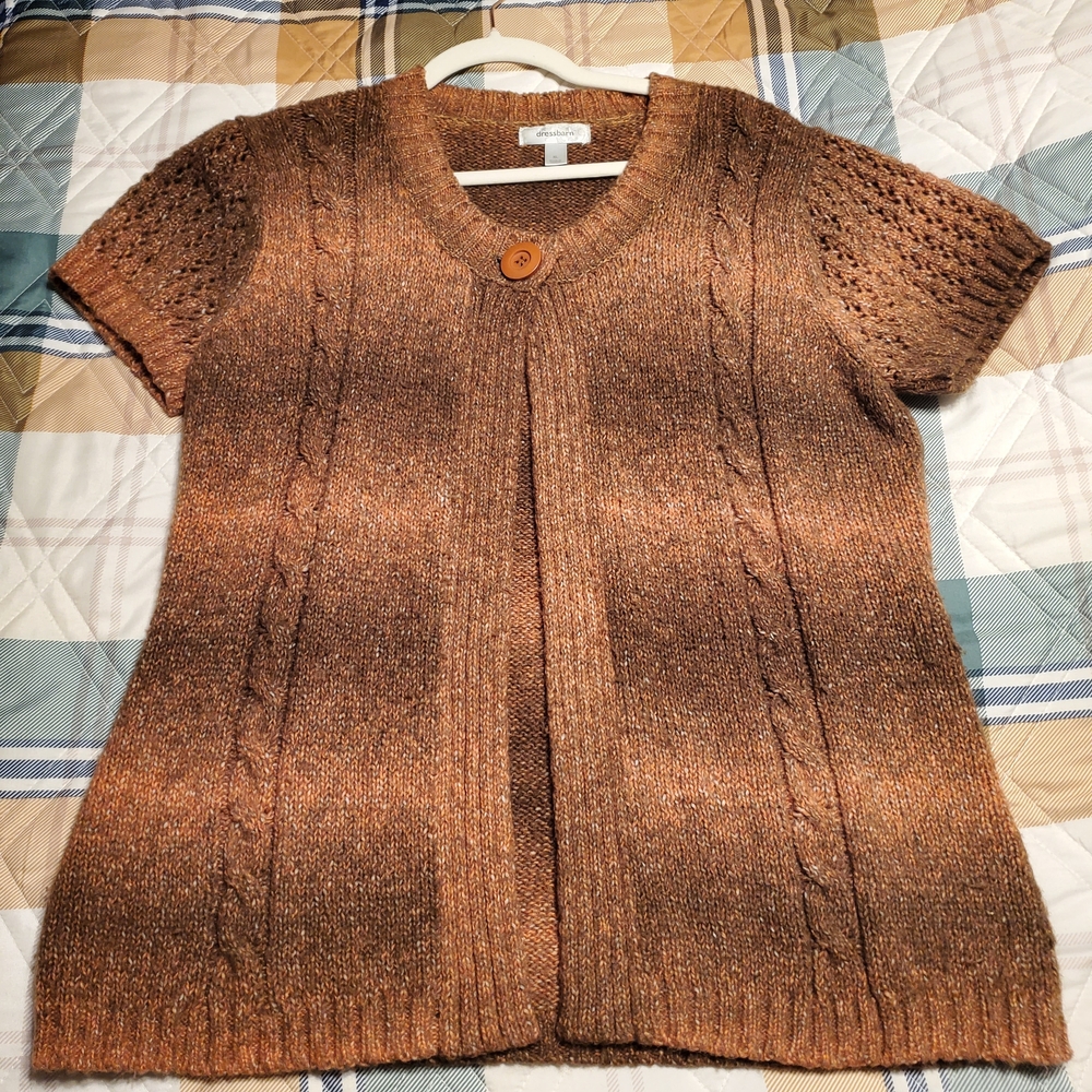 dressbarn Short-Sleeve Cable Knit Cardigan - Brown